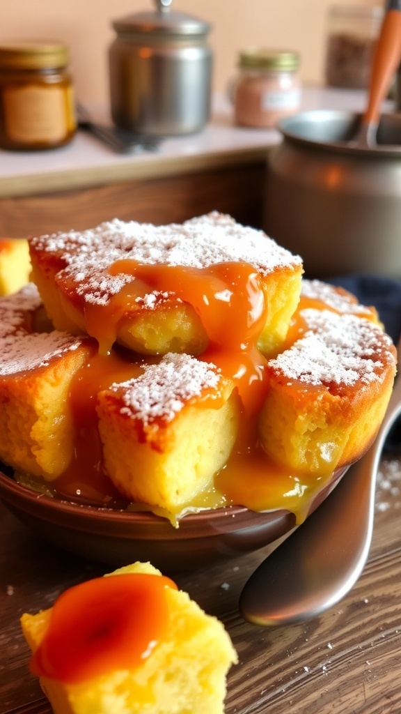 A bowl of golden brown bread pudding garnished with powdered sugar and caramel sauce.